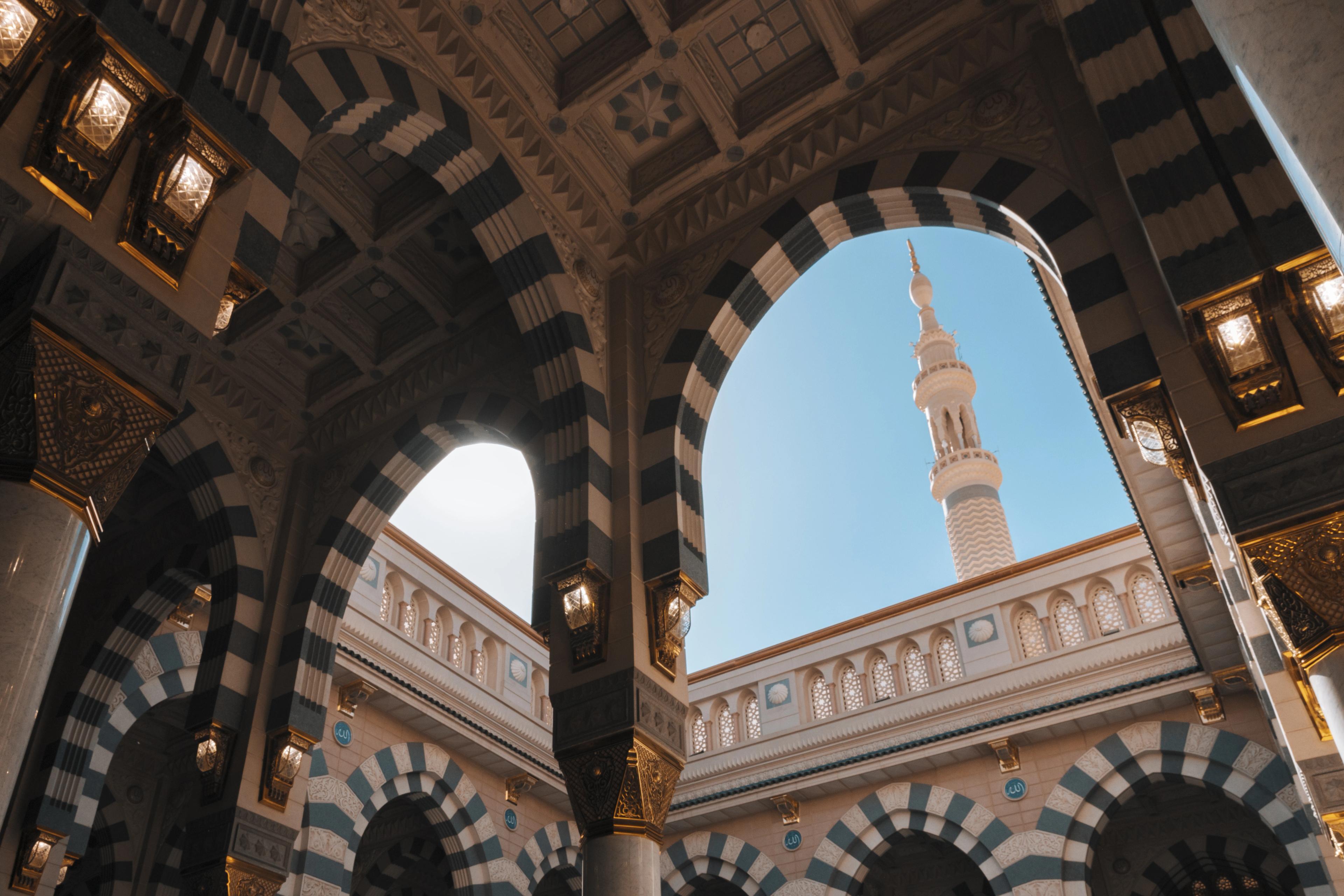 An exterior view of the Al-Masjid an-Nabawi from the inside of a prayer hall