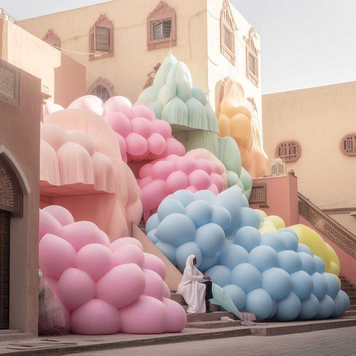 An installation of marshmallow clouds in Diriyah - AI art or real life?