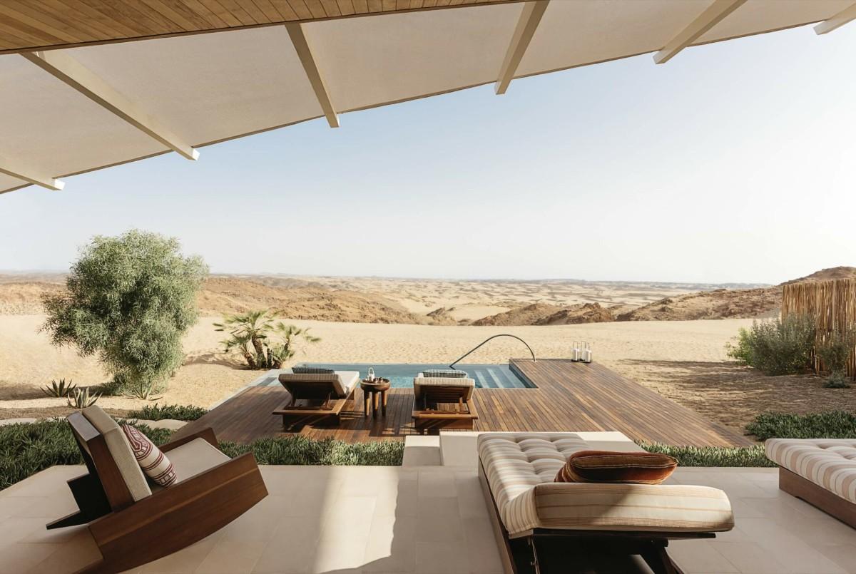 Sun loungers on a terrace at Six Senses Southern Dunes